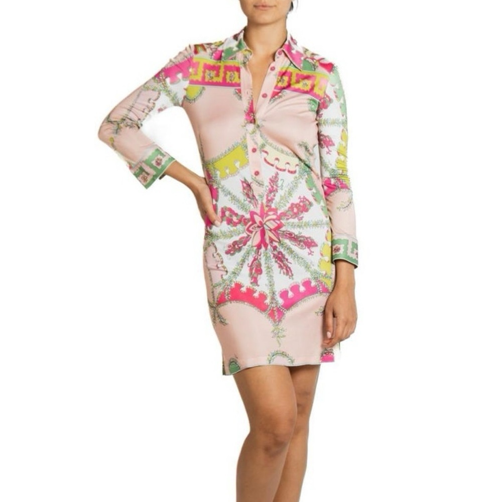 Emilio Pucci Y2K Dress Viscose Pink Green Slinky Jersey Henley Kaleidoscope US 8